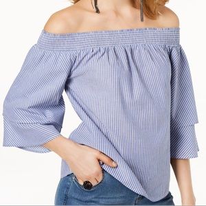 Blue and white striped off shoulder